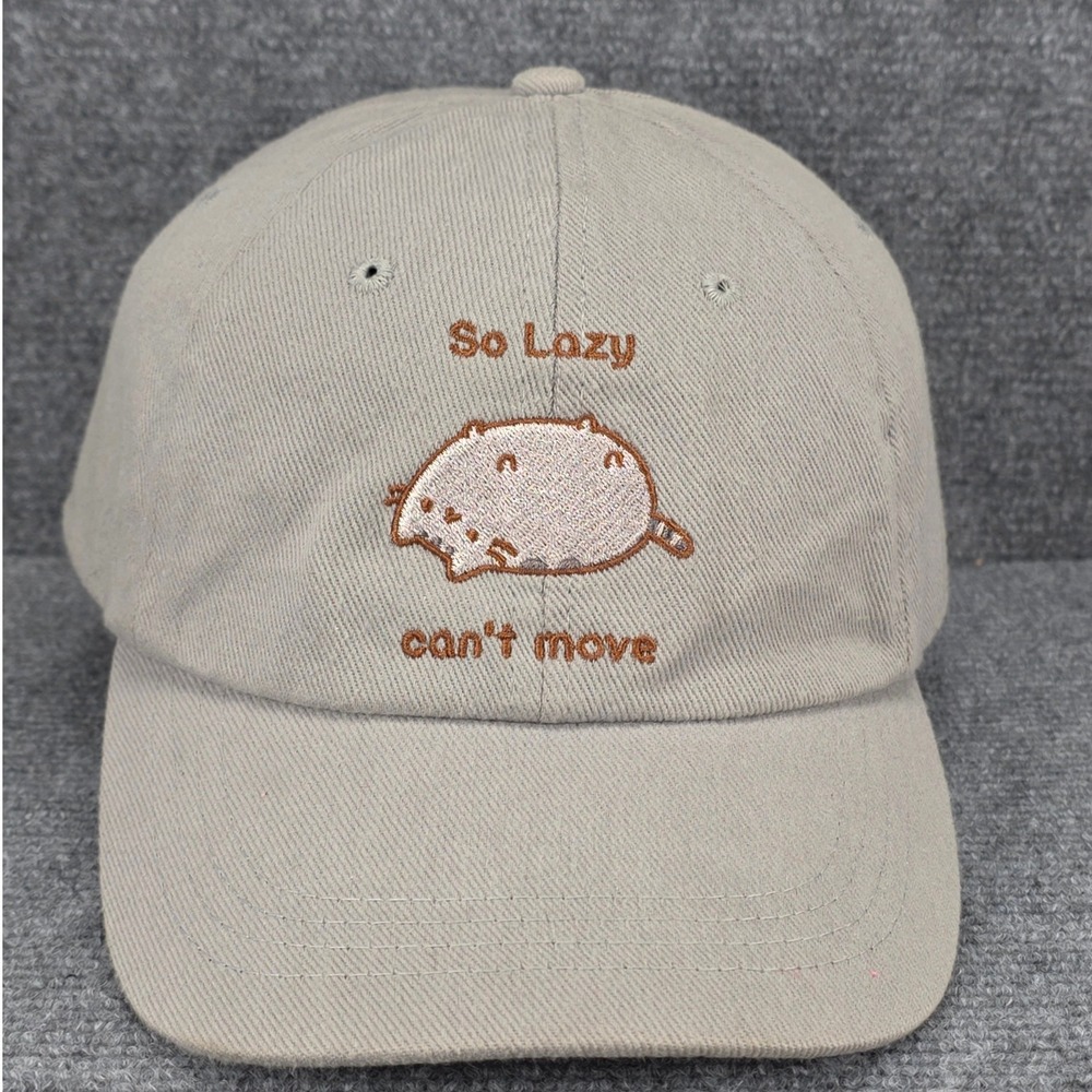 Pusheen The Cat Hat Cap Strap Back One Size Gray Tan Plush Kawaii Anime So Lazy